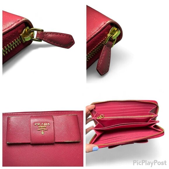 Prada Saffiano Leather Continental Zip Wallet with Bow - Peonia/Pink - Picture 12 of 14